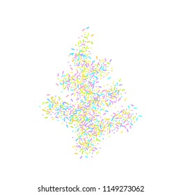 Sprinkles grainy. Sweet confetti on white chocolate glaze background. Cupcake, donuts, dessert, sugar, bakery background. Vector Illustration for holiday designs, party, birthday, wedding invitation.