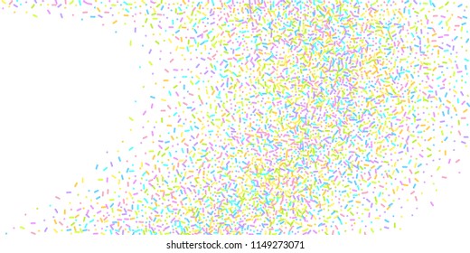 Sprinkles grainy. Sweet confetti on white chocolate glaze background. Cupcake, donuts, dessert, sugar, bakery background. Vector Illustration for holiday designs, party, birthday, wedding invitation.