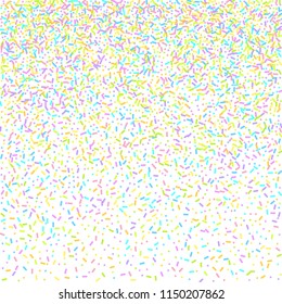 Sprinkles grainy. Sweet confetti on white chocolate glaze background. Cupcake, donuts, dessert, sugar, bakery background. Vector Illustration for holiday designs, party, birthday, wedding invitation.