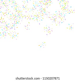 Sprinkles grainy. Sweet confetti on white chocolate glaze background. Cupcake, donuts, dessert, sugar, bakery background. Vector Illustration for holiday designs, party, birthday, wedding invitation.