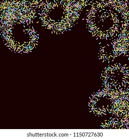 Sprinkles grainy. Sweet confetti on chocolate glaze background. Cupcake, donuts, dessert, sugar, bakery background. Vector Illustration for holiday designs, party, birthday, wedding invitation.