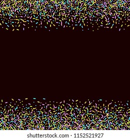 Sprinkles grainy. Sweet confetti on chocolate glaze background. Cupcake, donuts, dessert, sugar, bakery background. Vector Illustration for holiday designs, party, birthday, wedding invitation.