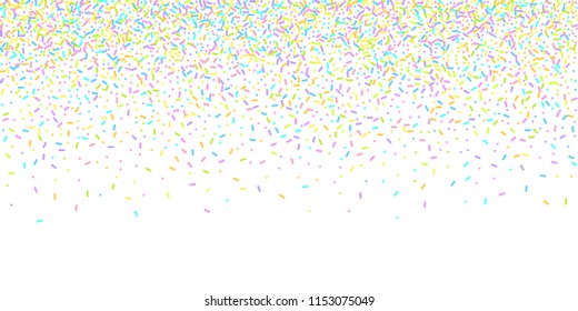 Sprinkles grainy. Sweet confetti on white chocolate glaze background. Cupcake, donuts, dessert, sugar, bakery background. Vector Illustration for holiday designs, party, birthday, wedding invitation.