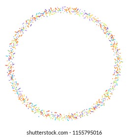 Sprinkles grainy. Sweet confetti on white chocolate glaze background. Cupcake, donuts, dessert, sugar, bakery background. Vector Illustration for holiday designs, party, birthday, wedding invitation.