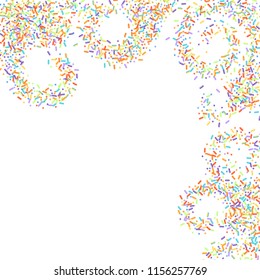 Sprinkles grainy. Sweet confetti on white chocolate glaze background. Cupcake, donuts, dessert, sugar, bakery background. Vector Illustration for holiday designs, party, birthday, wedding invitation.