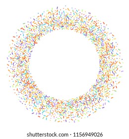 Sprinkles grainy. Sweet confetti on white chocolate glaze background. Cupcake, donuts, dessert, sugar, bakery background. Vector Illustration for holiday designs, party, birthday, wedding invitation.