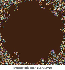 Sprinkles grainy. Sweet confetti on chocolate glaze background. Cupcake, donuts, dessert, sugar, bakery background. Vector Illustration for holiday designs, party, birthday, wedding invitation.