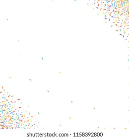 Sprinkles grainy. Sweet confetti on white chocolate glaze background. Cupcake, donuts, dessert, sugar, bakery background. Vector Illustration for holiday designs, party, birthday, wedding invitation.