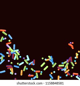 Sprinkles grainy. Sweet confetti on chocolate glaze background. Cupcake, donuts, dessert, sugar, bakery background. Vector Illustration for holiday designs, party, birthday, wedding invitation.