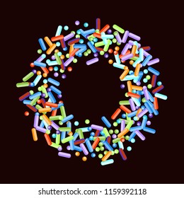 Sprinkles grainy. Sweet confetti on chocolate glaze background. Cupcake, donuts, dessert, sugar, bakery background. Vector Illustration for holiday designs, party, birthday, wedding invitation.