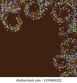 Sprinkles grainy. Sweet confetti on chocolate glaze background. Cupcake, donuts, dessert, sugar, bakery background. Vector Illustration for holiday designs, party, birthday, wedding invitation.