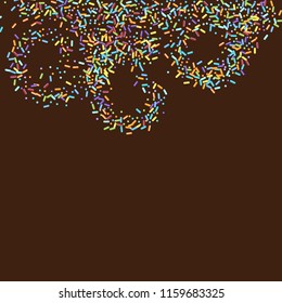 Sprinkles grainy. Sweet confetti on chocolate glaze background. Cupcake, donuts, dessert, sugar, bakery background. Vector Illustration for holiday designs, party, birthday, wedding invitation.