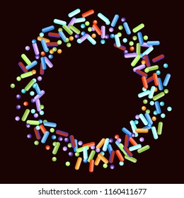 Sprinkles grainy. Sweet confetti on chocolate glaze background. Cupcake, donuts, dessert, sugar, bakery background. Vector Illustration for holiday designs, party, birthday, wedding invitation.