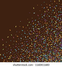 Sprinkles grainy. Sweet confetti on chocolate glaze background. Cupcake, donuts, dessert, sugar, bakery background. Vector Illustration for holiday designs, party, birthday, wedding invitation.