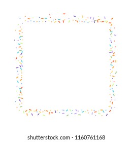 Sprinkles grainy. Sweet confetti on white chocolate glaze background. Cupcake, donuts, dessert, sugar, bakery background. Vector Illustration for holiday designs, party, birthday, wedding invitation.