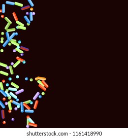 Sprinkles grainy. Sweet confetti on chocolate glaze background. Cupcake, donuts, dessert, sugar, bakery background. Vector Illustration for holiday designs, party, birthday, wedding invitation.