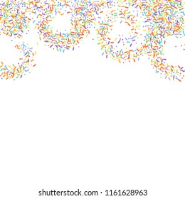 Sprinkles grainy. Sweet confetti on white chocolate glaze background. Cupcake, donuts, dessert, sugar, bakery background. Vector Illustration for holiday designs, party, birthday, wedding invitation.