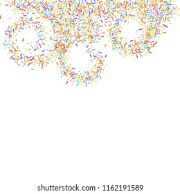 Sprinkles grainy. Sweet confetti on white chocolate glaze background. Cupcake, donuts, dessert, sugar, bakery background. Vector Illustration for holiday designs, party, birthday, wedding invitation.