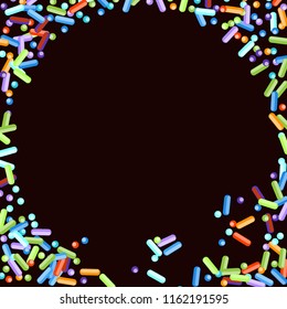 Sprinkles grainy. Sweet confetti on chocolate glaze background. Cupcake, donuts, dessert, sugar, bakery background. Vector Illustration for holiday designs, party, birthday, wedding invitation.