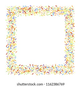 Sprinkles grainy. Sweet confetti on white chocolate glaze background. Cupcake, donuts, dessert, sugar, bakery background. Vector Illustration for holiday designs, party, birthday, wedding invitation.