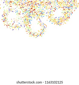 Sprinkles grainy. Sweet confetti on white chocolate glaze background. Cupcake, donuts, dessert, sugar, bakery background. Vector Illustration for holiday designs, party, birthday, wedding invitation.