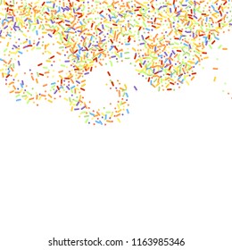 Sprinkles grainy. Sweet confetti on white chocolate glaze background. Cupcake, donuts, dessert, sugar, bakery background. Vector Illustration for holiday designs, party, birthday, wedding invitation.