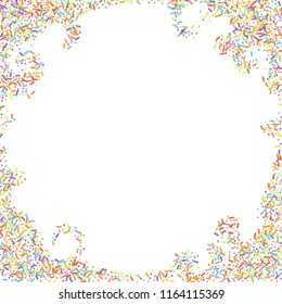 Sprinkles grainy. Sweet confetti on white chocolate glaze background. Cupcake, donuts, dessert, sugar, bakery background. Vector Illustration for holiday designs, party, birthday, wedding invitation.