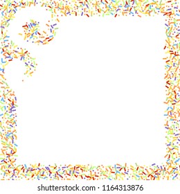 Sprinkles grainy. Sweet confetti on white chocolate glaze background. Cupcake, donuts, dessert, sugar, bakery background. Vector Illustration for holiday designs, party, birthday, wedding invitation.