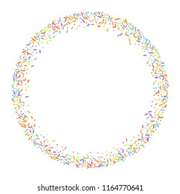 Sprinkles grainy. Sweet confetti on white chocolate glaze background. Cupcake, donuts, dessert, sugar, bakery background. Vector Illustration for holiday designs, party, birthday, wedding invitation.