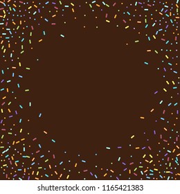 Sprinkles grainy. Sweet confetti on chocolate glaze background. Cupcake, donuts, dessert, sugar, bakery background. Vector Illustration for holiday designs, party, birthday, wedding invitation.