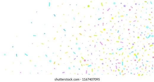 Sprinkles grainy. Sweet confetti on white chocolate glaze background. Cupcake, donuts, dessert, sugar, bakery background. Vector Illustration for holiday designs, party, birthday, wedding invitation.