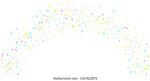 Sprinkles grainy. Sweet confetti on white chocolate glaze background. Cupcake, donuts, dessert, sugar, bakery background. Vector Illustration for holiday designs, party, birthday, wedding invitation.