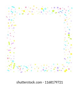 Sprinkles grainy. Sweet confetti on white chocolate glaze background. Cupcake, donuts, dessert, sugar, bakery background. Vector Illustration for holiday designs, party, birthday, wedding invitation.