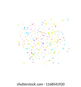 Sprinkles grainy. Sweet confetti on white chocolate glaze background. Cupcake, donuts, dessert, sugar, bakery background. Vector Illustration for holiday designs, party, birthday, wedding invitation.
