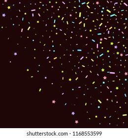 Sprinkles grainy. Sweet confetti on chocolate glaze background. Cupcake, donuts, dessert, sugar, bakery background. Vector Illustration for holiday designs, party, birthday, wedding invitation.