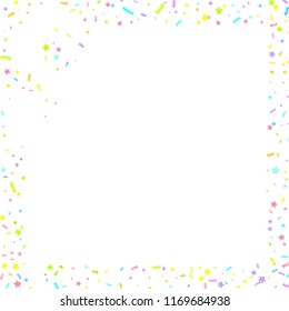 Sprinkles grainy. Sweet confetti on white chocolate glaze background. Cupcake, donuts, dessert, sugar, bakery background. Vector Illustration for holiday designs, party, birthday, wedding invitation.
