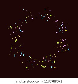 Sprinkles grainy. Sweet confetti on chocolate glaze background. Cupcake, donuts, dessert, sugar, bakery background. Vector Illustration for holiday designs, party, birthday, wedding invitation.