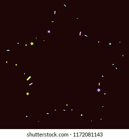 Sprinkles grainy. Sweet confetti on chocolate glaze background. Cupcake, donuts, dessert, sugar, bakery background. Vector Illustration for holiday designs, party, birthday, wedding invitation.