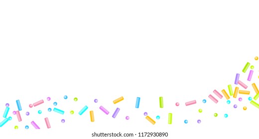 Sprinkles grainy. Sweet confetti on white chocolate glaze background. Cupcake, donuts, dessert, sugar, bakery background. Vector Illustration for holiday designs, party, birthday, wedding invitation.