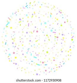 Sprinkles grainy. Sweet confetti on white chocolate glaze background. Cupcake, donuts, dessert, sugar, bakery background. Vector Illustration for holiday designs, party, birthday, wedding invitation.