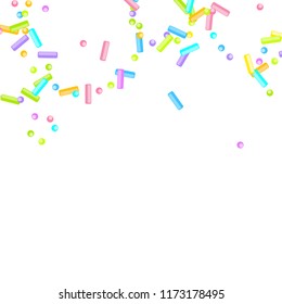 Sprinkles grainy. Sweet confetti on white chocolate glaze background. Cupcake, donuts, dessert, sugar, bakery background. Vector Illustration for holiday designs, party, birthday, wedding invitation.