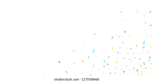 Sprinkles grainy. Sweet confetti on white chocolate glaze background. Cupcake, donuts, dessert, sugar, bakery background. Vector Illustration for holiday designs, party, birthday, wedding invitation.