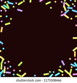 Sprinkles grainy. Sweet confetti on chocolate glaze background. Cupcake, donuts, dessert, sugar, bakery background. Vector Illustration for holiday designs, party, birthday, wedding invitation.