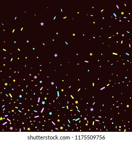 Sprinkles grainy. Sweet confetti on chocolate glaze background. Cupcake, donuts, dessert, sugar, bakery background. Vector Illustration for holiday designs, party, birthday, wedding invitation.