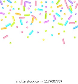 Sprinkles grainy. Sweet confetti on white chocolate glaze background. Cupcake, donuts, dessert, sugar, bakery background. Vector Illustration for holiday designs, party, birthday, wedding invitation.