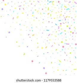 Sprinkles grainy. Sweet confetti on white chocolate glaze background. Cupcake, donuts, dessert, sugar, bakery background. Vector Illustration for holiday designs, party, birthday, wedding invitation.