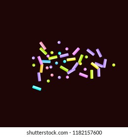 Sprinkles grainy. Sweet confetti on chocolate glaze background. Cupcake, donuts, dessert, sugar, bakery background. Vector Illustration for holiday designs, party, birthday, wedding invitation.