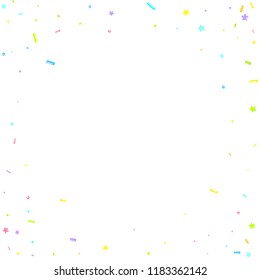 Sprinkles grainy. Sweet confetti on white chocolate glaze background. Cupcake, donuts, dessert, sugar, bakery background. Vector Illustration for holiday designs, party, birthday, wedding invitation.