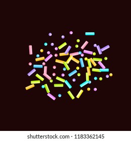 Sprinkles grainy. Sweet confetti on chocolate glaze background. Cupcake, donuts, dessert, sugar, bakery background. Vector Illustration for holiday designs, party, birthday, wedding invitation.