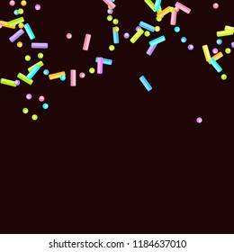 Sprinkles grainy. Sweet confetti on chocolate glaze background. Cupcake, donuts, dessert, sugar, bakery background. Vector Illustration for holiday designs, party, birthday, wedding invitation.